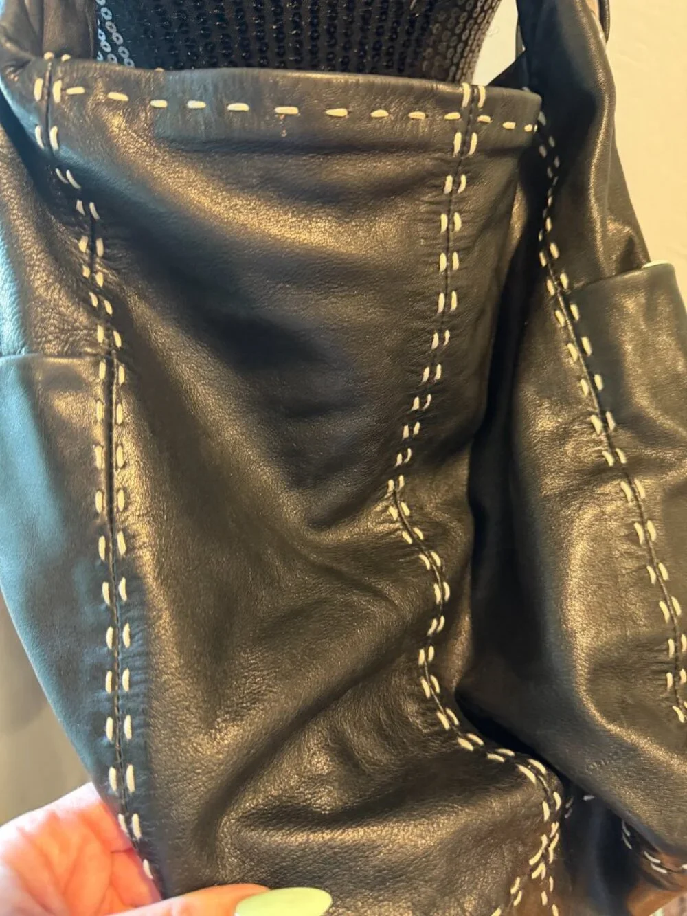 Francesco Biasia Black Leather Hobo Bag Slouchy Shoulder Bag Contrast Stitch